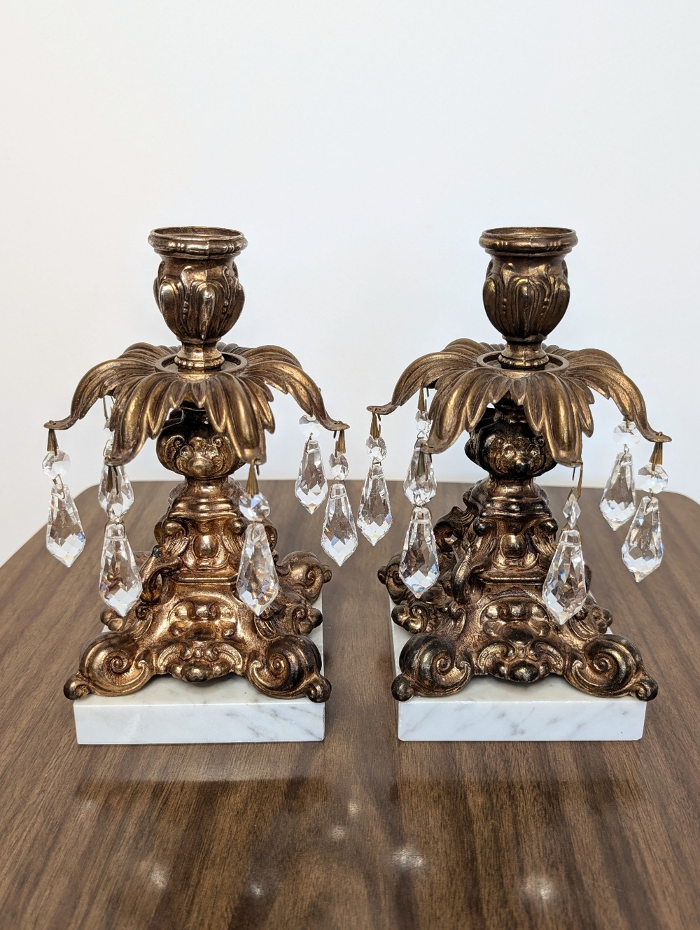 Pair Of Hollywood Regency Gold Tone Large Footed Candle Holders Crystals Marble